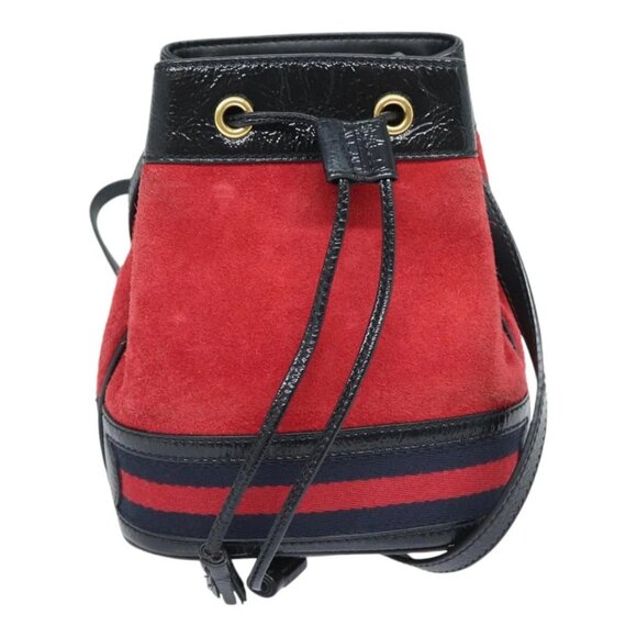 GUCCI Sherry Line Shoulder Bag Suede Red Gold Navy - Picture 1 of 16
